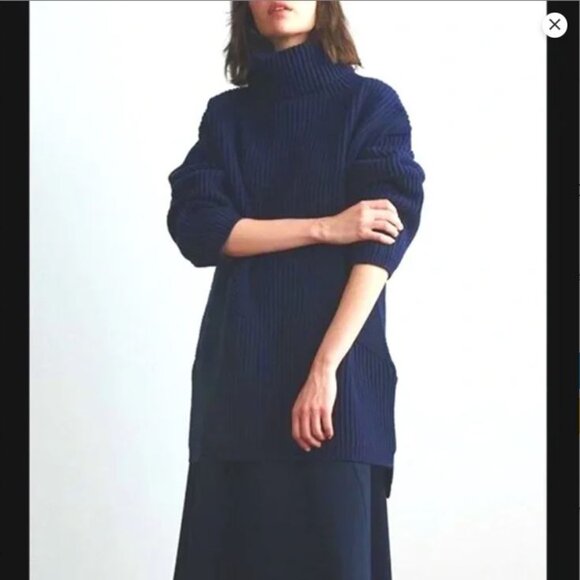 THAKOON Lambswool Navy Chunky Ribbed Turtleneck Sweater, sz S - Picture 9 of 10